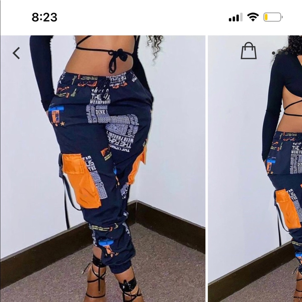 High Waist Letter Pocket Navy Blue Pants